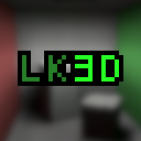 The LK3D logo, with a blurred lightmaped cornell box behind it